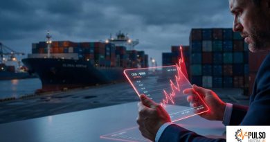 Gráficos financieros mostrando el alza del dólar superpuestos a un puerto de contenedores marítimos.