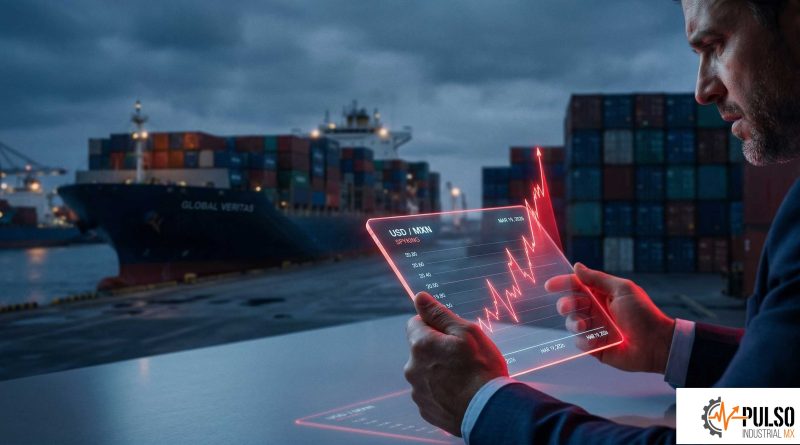 Gráficos financieros mostrando el alza del dólar superpuestos a un puerto de contenedores marítimos.