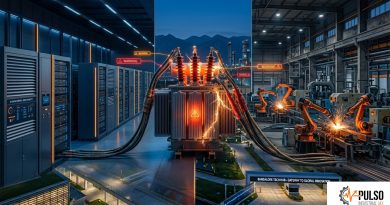 Transformador eléctrico conectando servidores de centros de datos y maquinaria industrial, representando la escasez de energía.