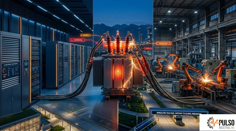 Transformador eléctrico conectando servidores de centros de datos y maquinaria industrial, representando la escasez de energía.