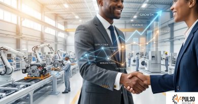 Descripción visual optimizada para accesibilidad y SEO. Integración de cadena de suministro industrial en Nuevo León: apretón de manos B2B frente a planta de manufactura automotriz y de electrodomésticos con gráficas de crecimiento económico del Nearshoring.