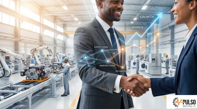 Descripción visual optimizada para accesibilidad y SEO. Integración de cadena de suministro industrial en Nuevo León: apretón de manos B2B frente a planta de manufactura automotriz y de electrodomésticos con gráficas de crecimiento económico del Nearshoring.