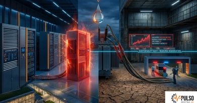 Servidor de Inteligencia Artificial sobrecargado de calor en medio de un desierto agrietado, representando el consumo masivo de agua.