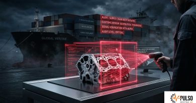 Escáner digital auditando una pieza automotriz, representando las revisiones de la Sección 301 en la cadena de suministro industrial.