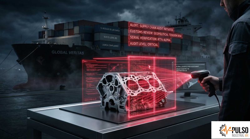 Escáner digital auditando una pieza automotriz, representando las revisiones de la Sección 301 en la cadena de suministro industrial.