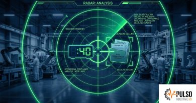 Ilustración conceptual de estilo editorial sobre un fondo borroso de una planta de manufactura industrial. Superpuesta, una interfaz de radar digital de alta tecnología que localiza como objetivo crítico el número '40' y documentos de contratos colectivos de trabajo. Estilo de negocios moderno en paleta de colores azul oscuro y verde neón.
