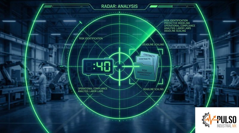 Ilustración conceptual de estilo editorial sobre un fondo borroso de una planta de manufactura industrial. Superpuesta, una interfaz de radar digital de alta tecnología que localiza como objetivo crítico el número '40' y documentos de contratos colectivos de trabajo. Estilo de negocios moderno en paleta de colores azul oscuro y verde neón.