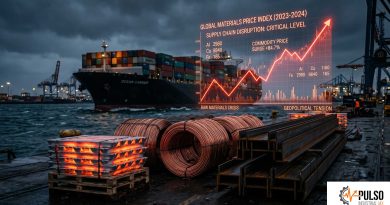 Lingotes de aluminio, rollos de cobre y gráficos financieros al alza, representando la crisis de precios en materias primas industriales.