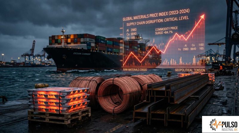 Lingotes de aluminio, rollos de cobre y gráficos financieros al alza, representando la crisis de precios en materias primas industriales.