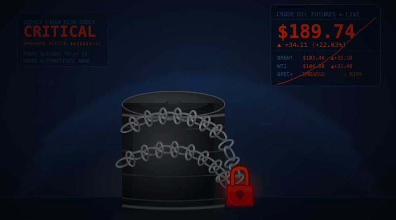 Barril de petróleo encadenado frente a la asamblea de la ONU, representando el veto de Rusia y China sobre Ormuz.