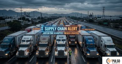 Fila de tractocamiones bloqueando una autopista federal en México, representando el paro nacional de transportistas.
