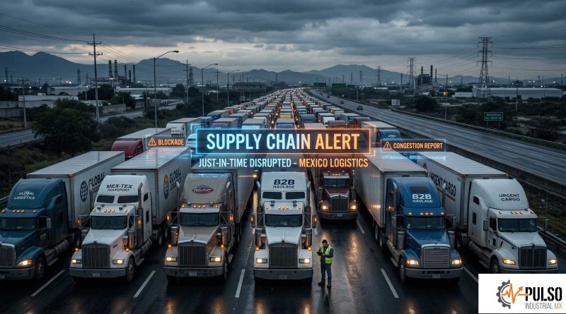 Fila de tractocamiones bloqueando una autopista federal en México, representando el paro nacional de transportistas.